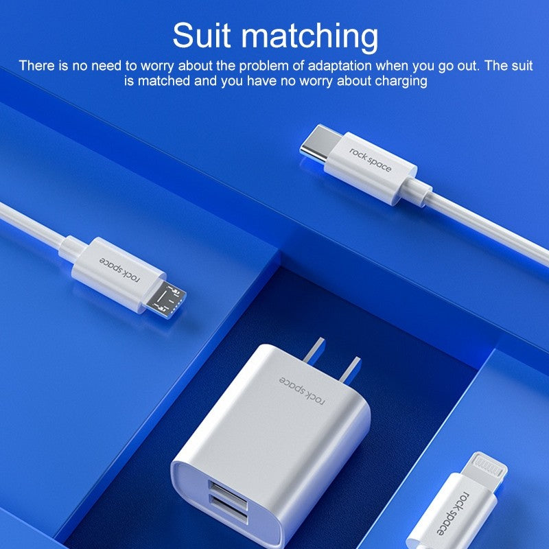 ROCK Space T22 Pro 2.1A Dual USB Port Travel Charger + S08 USB to 8 Pin Data Cable Set, CN Plug(White)