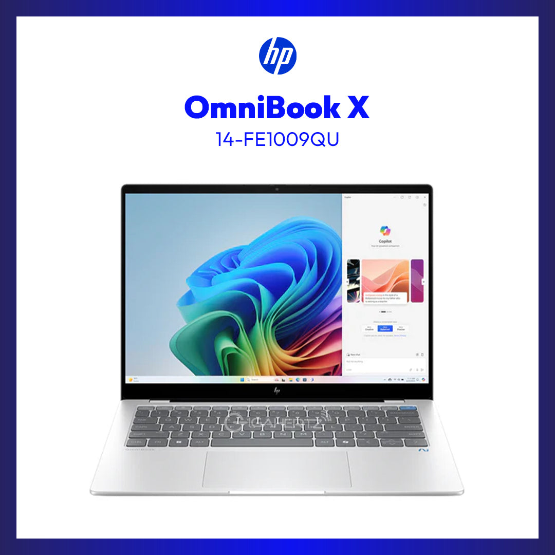 HP OmniBook X 14-FE1009QU Laptop (Glacier Silver) | 14" 2.2K (2240x1400) IPS | Snapdragon X Elite X1P-42-100 | 16GB RAM | 512GB SSD | Qualcomm Adreno GPU | Windows 11 Home