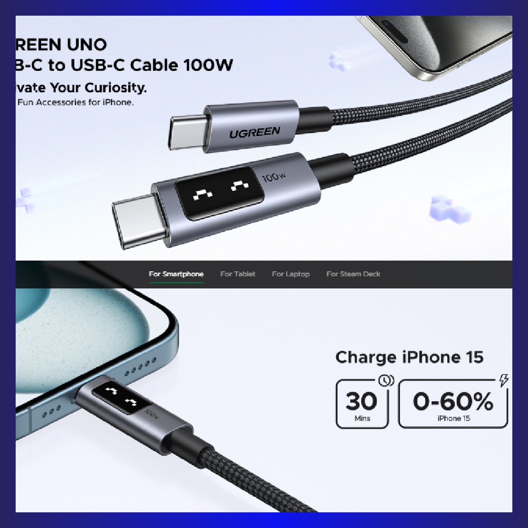 UGREEN 1m Uno Cable USB-C to USB-C 100W (Black) (35501)