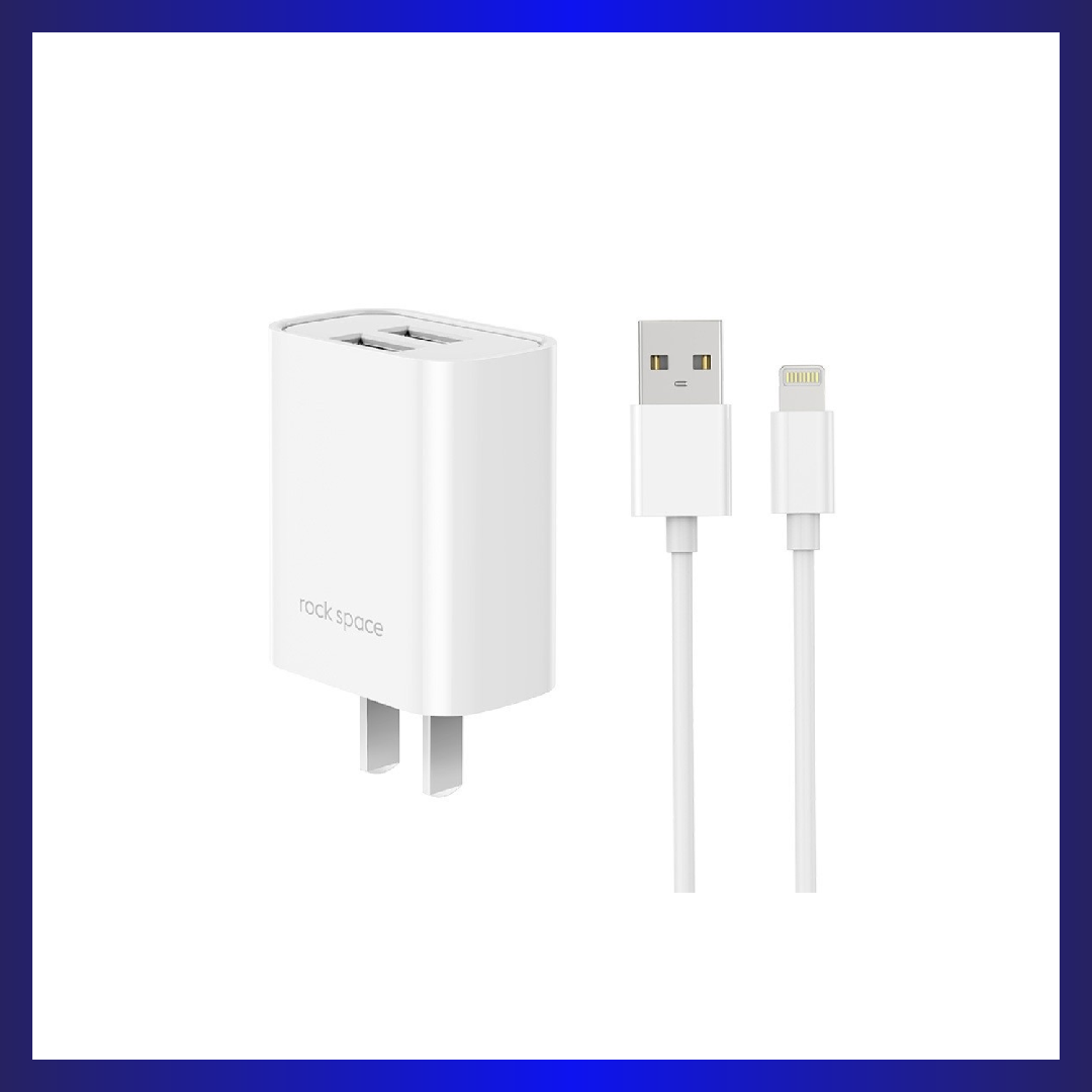ROCK Space T22 Pro 2.1A Dual USB Port Travel Charger + S08 USB to 8 Pin Data Cable Set, CN Plug(White)