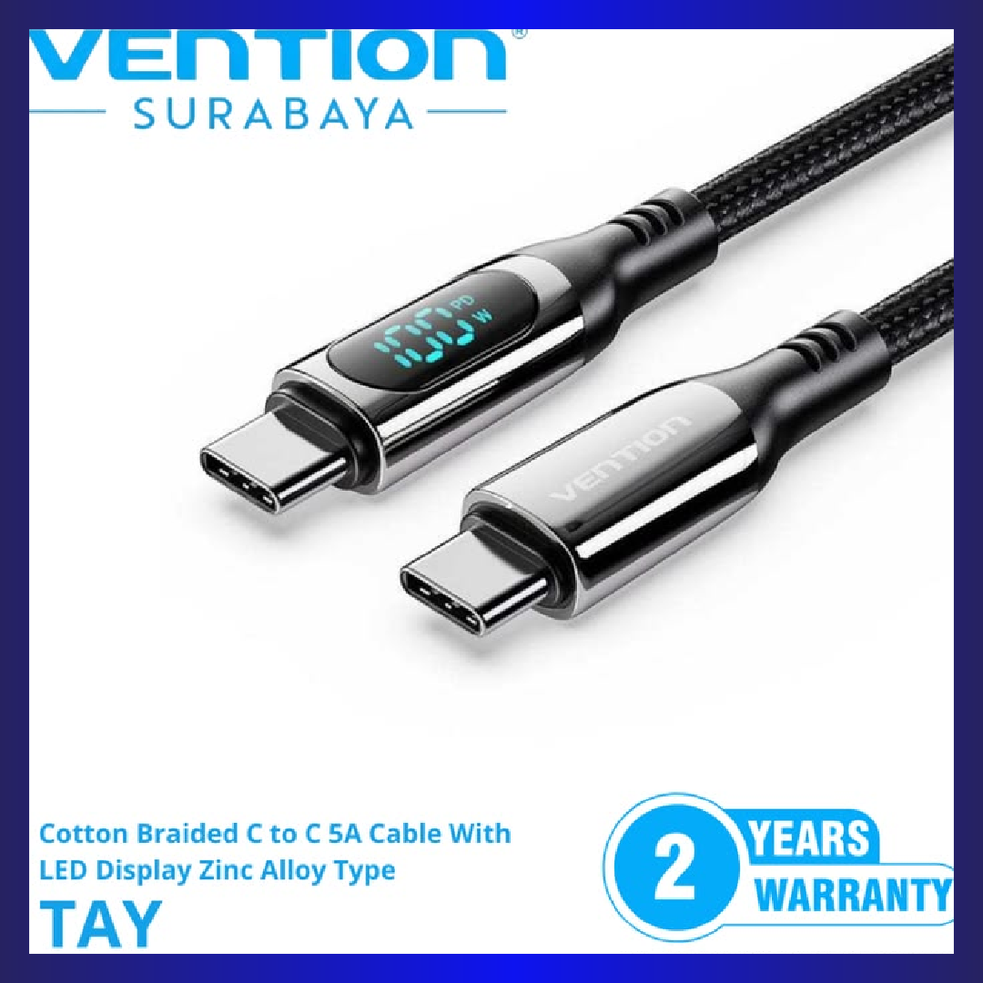 VENTION TAYBAV 100W 5A USB-C to USB-C Cable (1.2 Meter) Smart LED Power Display for iPhone 16/15 Series