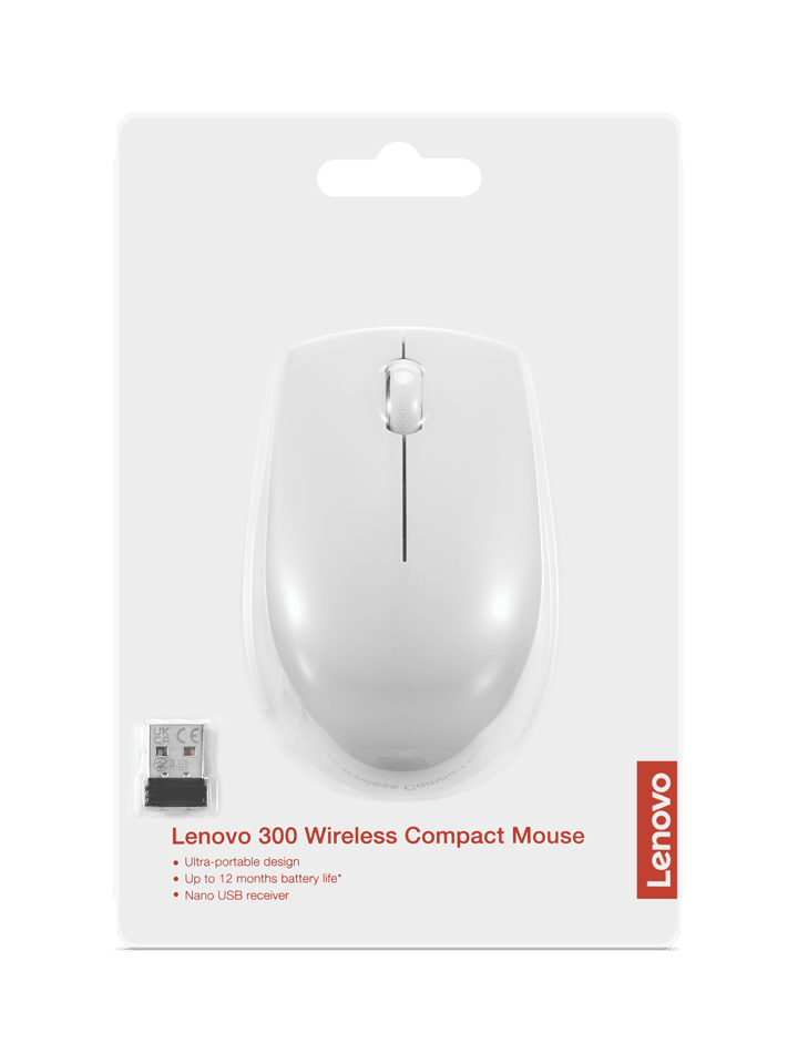 Lenovo 300 Wireless Compact Mouse (GY51L15677) | 2.4GHz Wireless | USB-A Nano Receiver | 1000 DPI Optical Sensor | Cloud Grey | GigaHertz