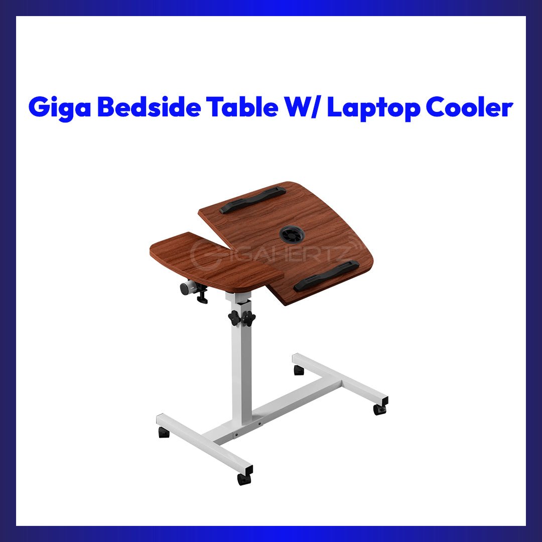 Portable Adjustable Laptop Workstation Desk | Tilting Desktop, Cooling Fan, Side Shelf & Rolling Casters | Ergonomic Home Office Table | GigaHertz