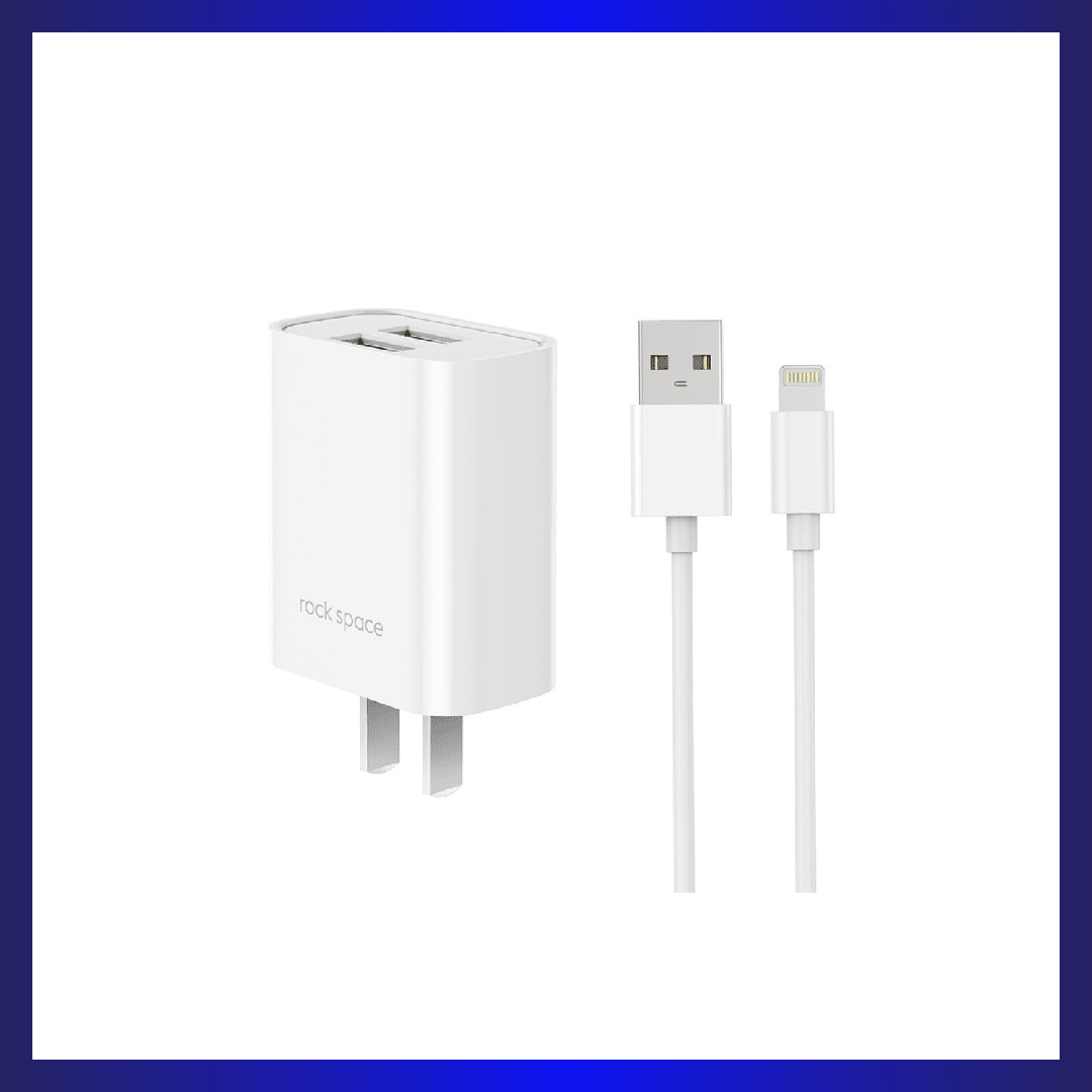 ROCK Space T22 Pro 2.1A Dual USB Port Travel Charger + S08 USB to 8 Pin Data Cable Set, CN Plug(White) | GigaHertz