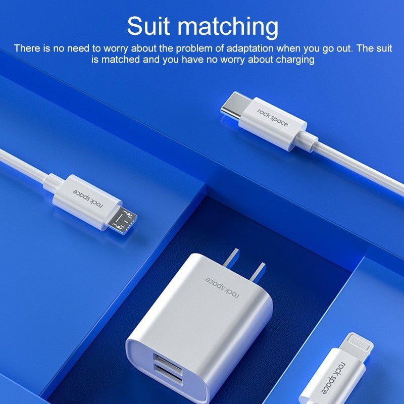 ROCK Space T22 Pro 2.1A Dual USB Port Travel Charger + S08 USB to 8 Pin Data Cable Set, CN Plug(White) | GigaHertz