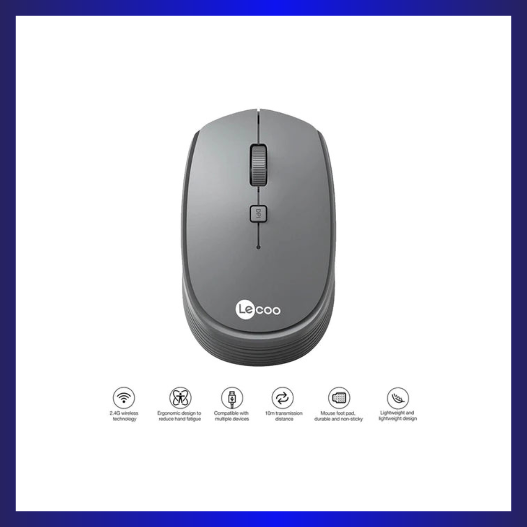 Lenovo Lecoo WS202 | Adjustable DPI | 2.4GHz Wireless | Ergonomic Design | 52g | Grey