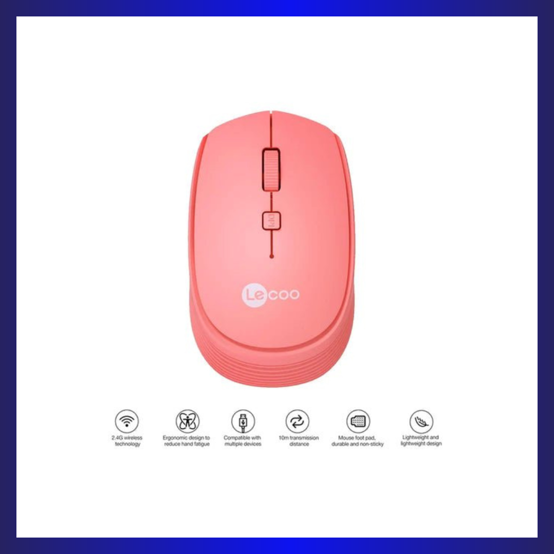 Lenovo Lecoo WS202 | Adjustable DPI | 2.4GHz Wireless | Ergonomic Design | 52g | Pink