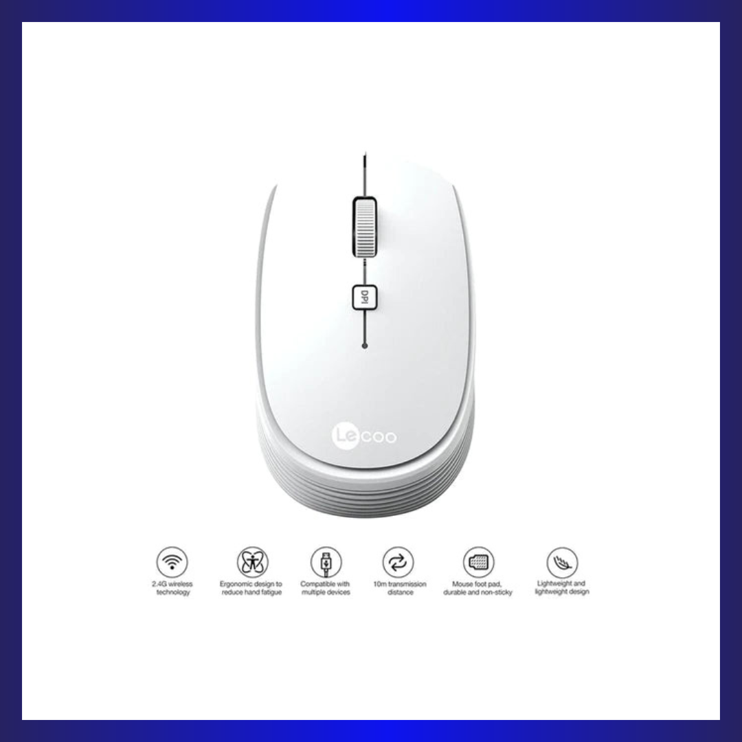 Lenovo Lecoo WS202 | Adjustable DPI | 2.4GHz Wireless | Ergonomic Design | 52g | White