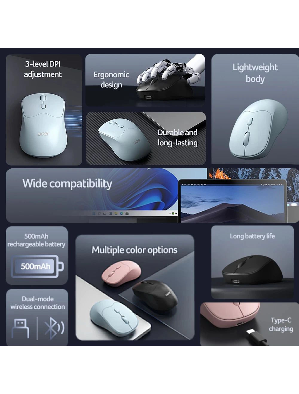 Acer OMR268 Dual-Mode 2.4G / Bluetooth Rechargeable Wireless Mouse Blue