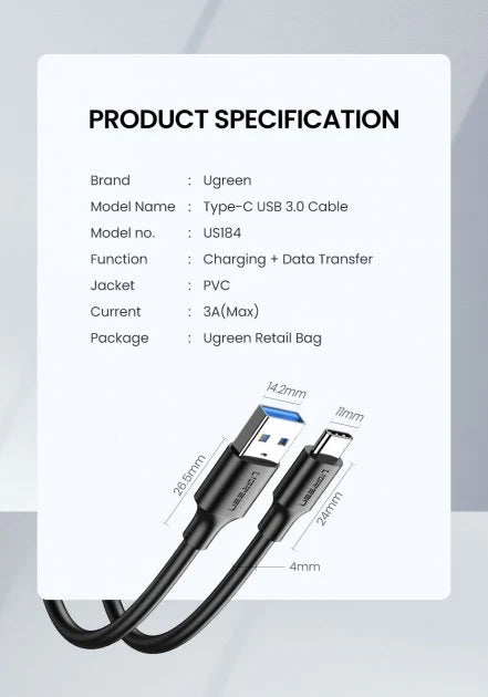 UGREEN USB-C Male To USB 3.0 3A 1.5m Data Cable (Black) (US184/20883)