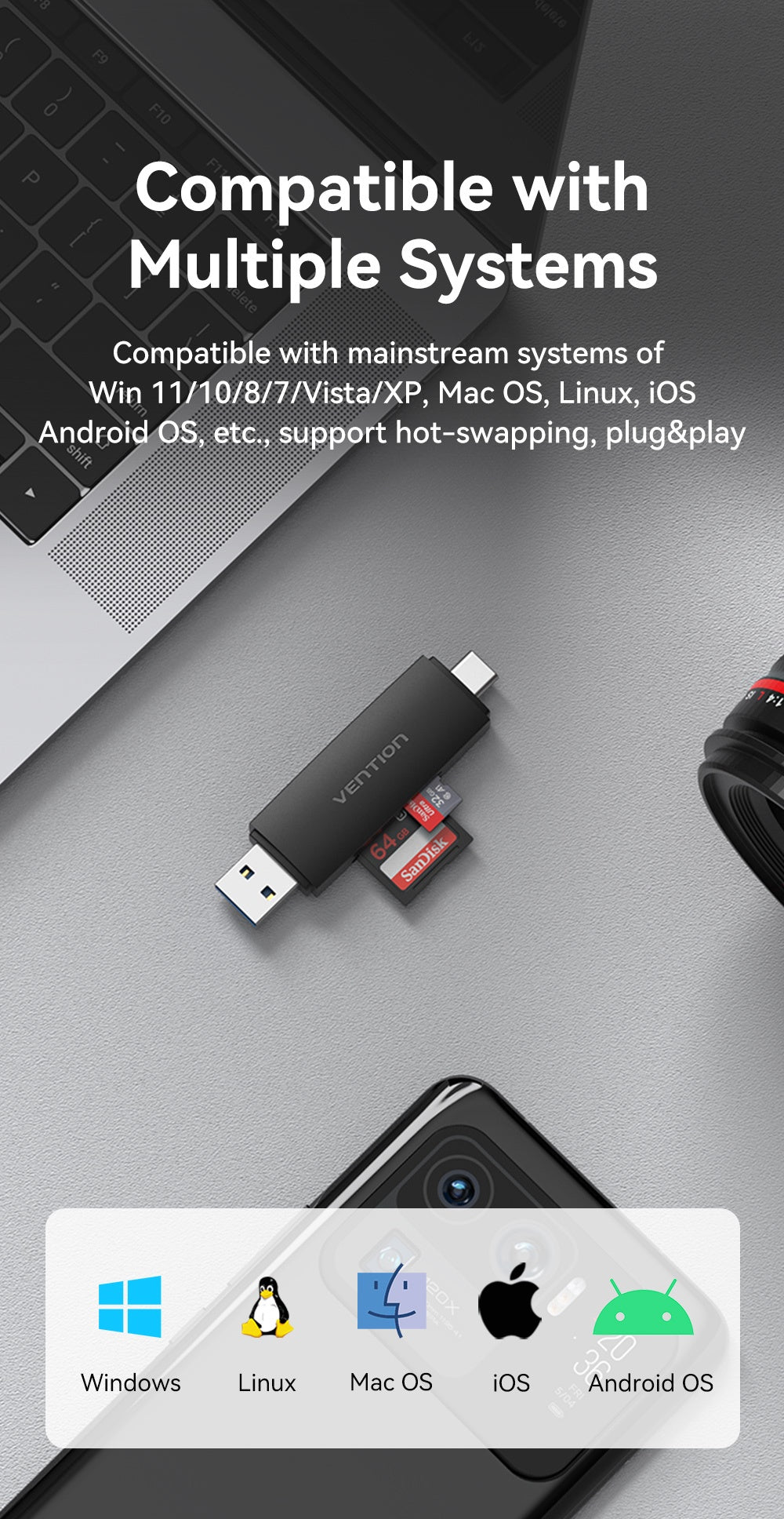 Vention 2-in-1 Type-C and USB 3.0 SD & TF Card Reader (CLKB0)