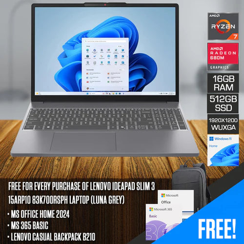 Lenovo IdeaPad Slim 3 15ARP10 83K700RSPH Laptop (Luna Grey) | 15.3" WUXGA (1920x1200) IPS | Ryzen 7 170 | 16GB RAM | 512GB SSD | AMD Radeon 680M Graphics | Windows 11 Home | MS Office Home 2024 + MS 365 Basic + Lenovo Casual Backpack B210