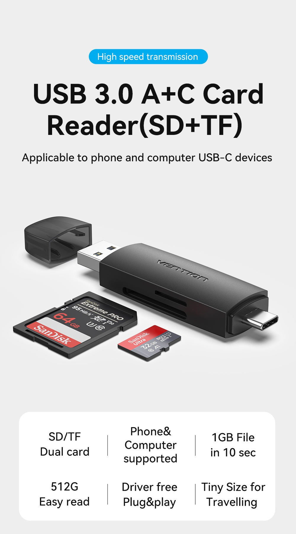 Vention 2-in-1 Type-C and USB 3.0 SD & TF Card Reader (CLKB0)