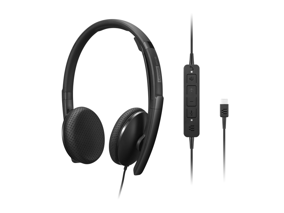 Lenovo Wired VoIP Headset (4XD1M45626) | USB-C (USB-A Adapter Included) | Stereo Audio | Noise-Canceling Mic | Black