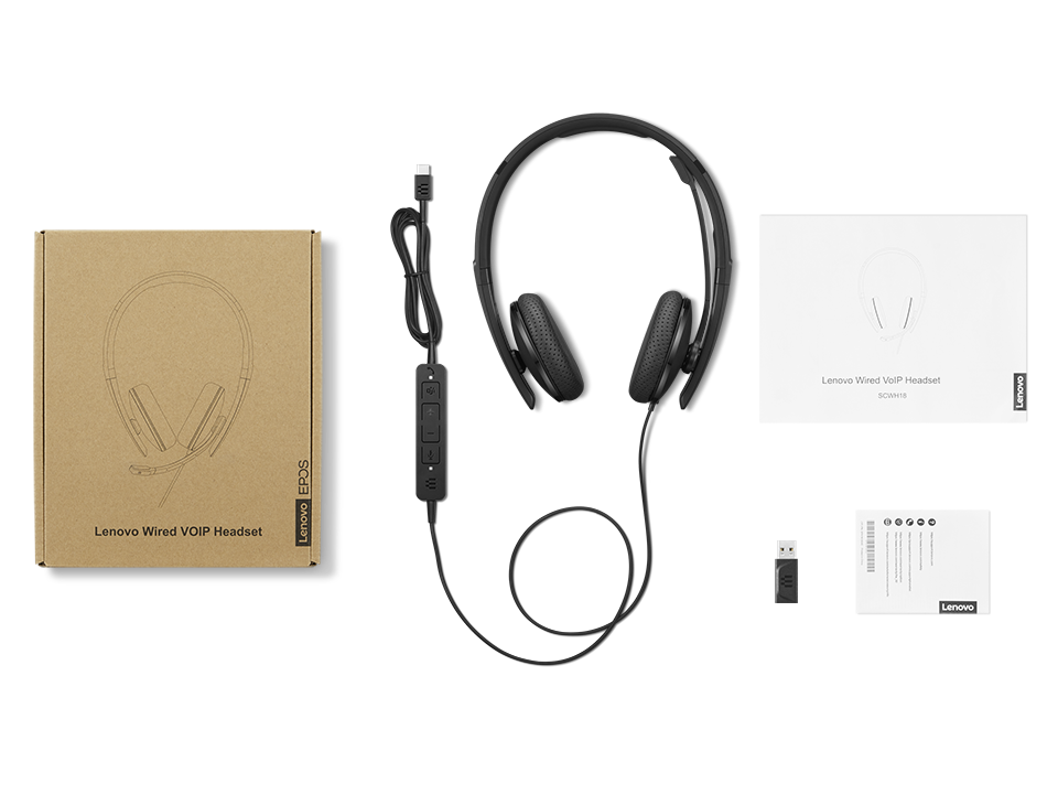 Lenovo Wired VoIP Headset (4XD1M45626) | USB-C (USB-A Adapter Included) | Stereo Audio | Noise-Canceling Mic | Black