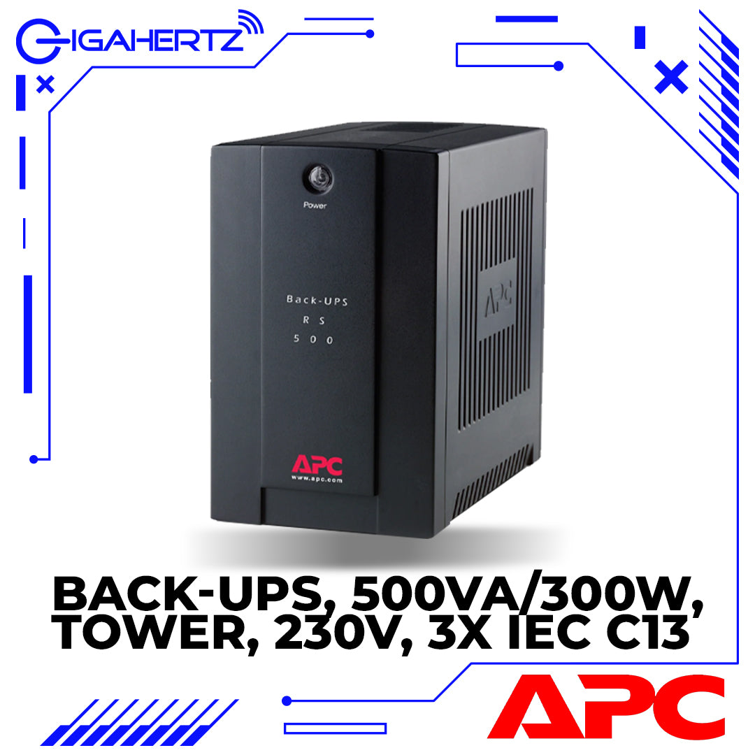 APC Back-UPS, 500VA/300W, Tower, 230V, 3x IEC C13 outlets, AVR, LED, User Replaceable Battery