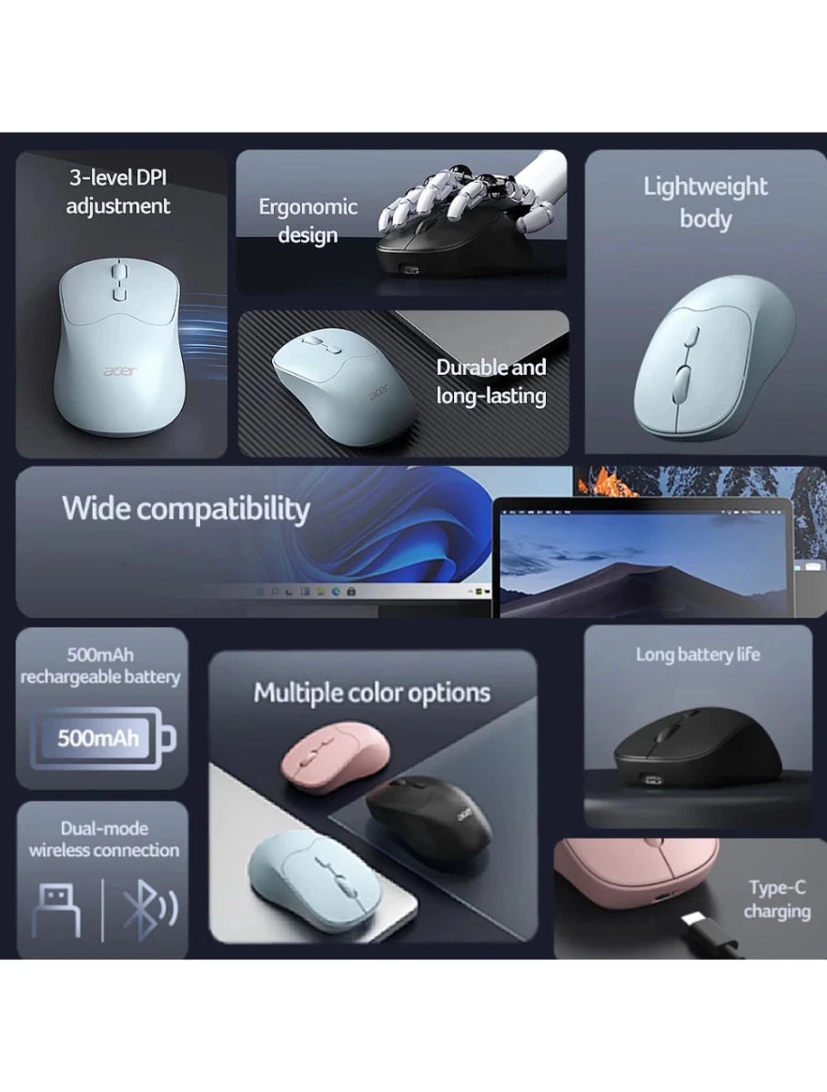 Acer OMR268 Dual-Mode 2.4G / Bluetooth Rechargeable Wireless Mouse Pink | GigaHertz