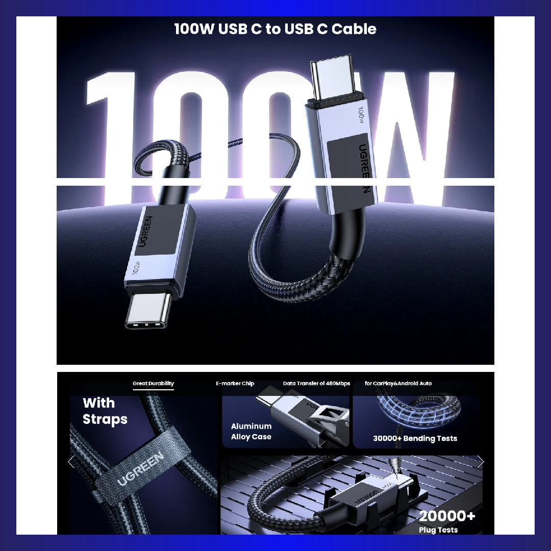 UGREEN 100W 2m USB-C to USB-C PD Fast Charging Cable (Black) (35512)