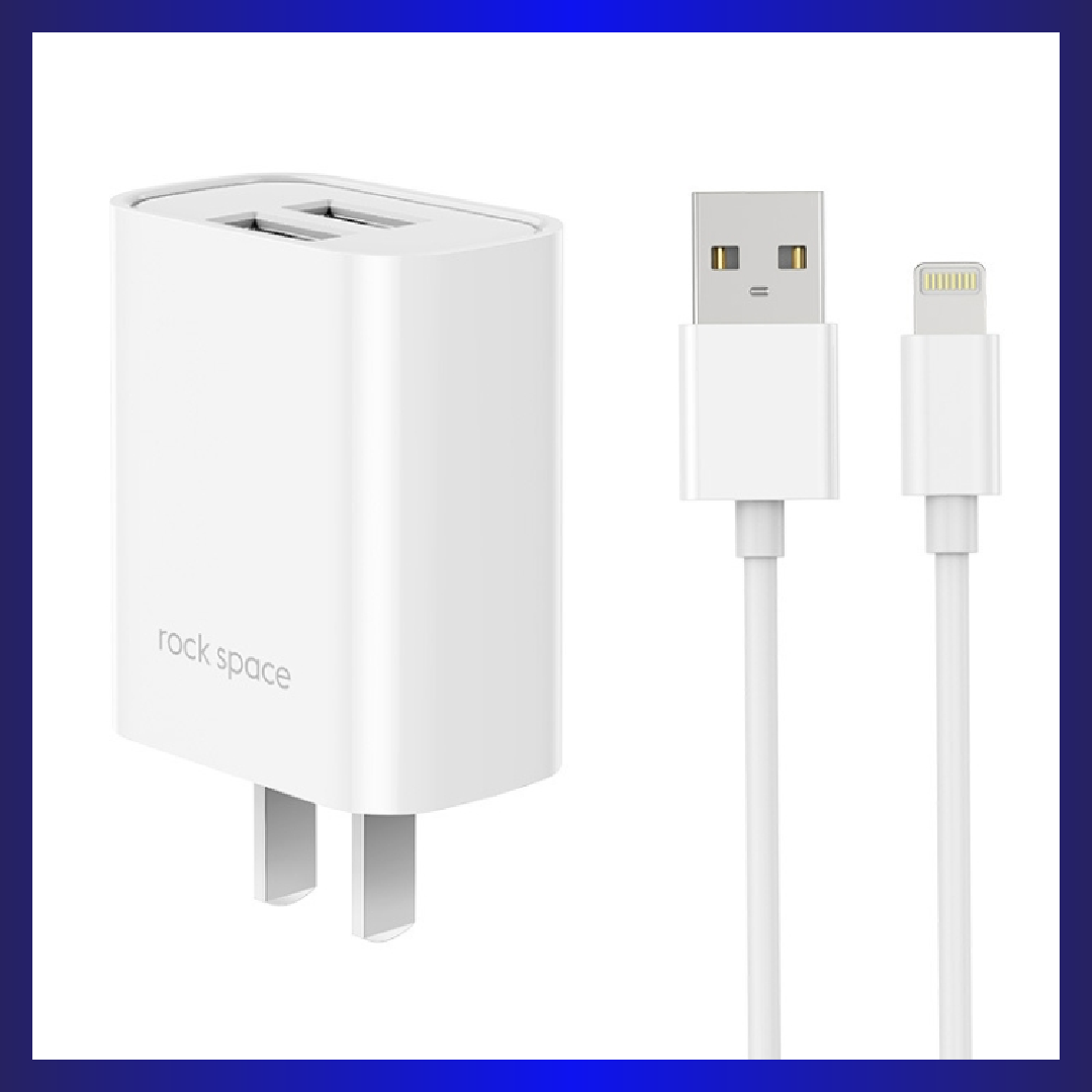 ROCK Space T22 Pro 2.1A Dual USB Port Travel Charger + S08 USB to 8 Pin Data Cable Set, CN Plug(White)