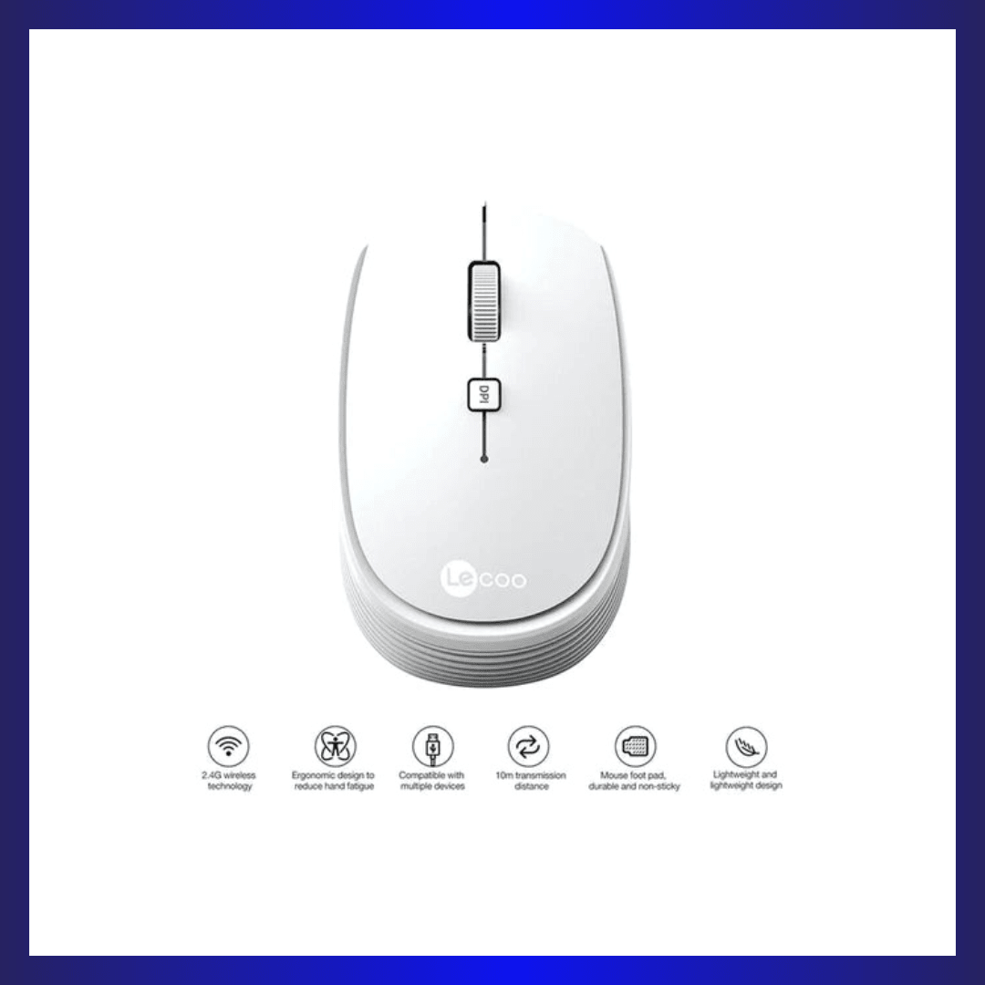 Lenovo Lecoo WS202 | Adjustable DPI | 2.4GHz Wireless | Ergonomic Design | 52g | White | GigaHertz