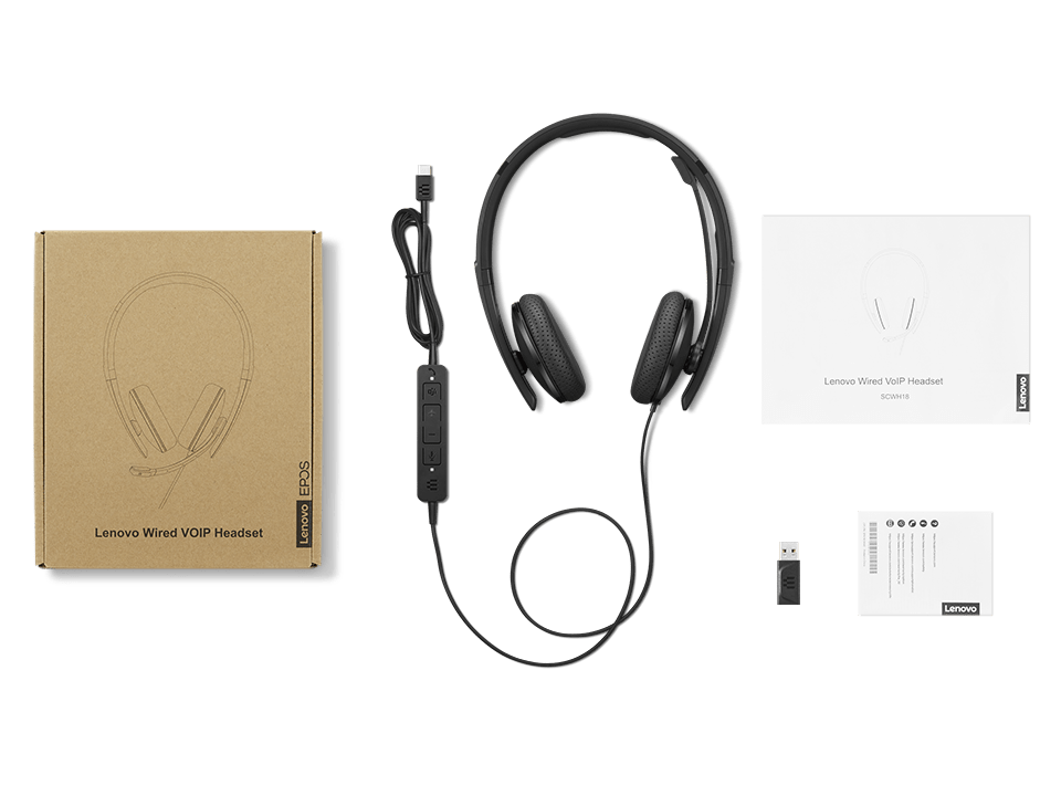 Lenovo Wired VoIP Headset (4XD1M45626) | USB-C (USB-A Adapter Included) | Stereo Audio | Noise-Canceling Mic | Black | GigaHertz