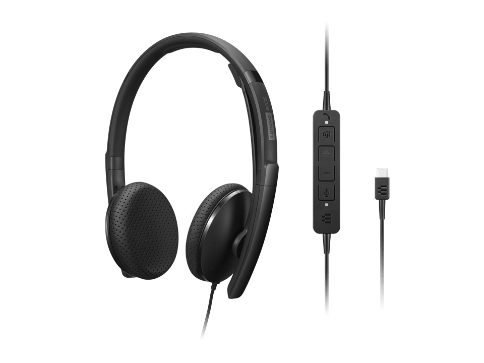 Lenovo Wired VoIP Headset (4XD1M45626) | USB-C (USB-A Adapter Included) | Stereo Audio | Noise-Canceling Mic | Black | GigaHertz