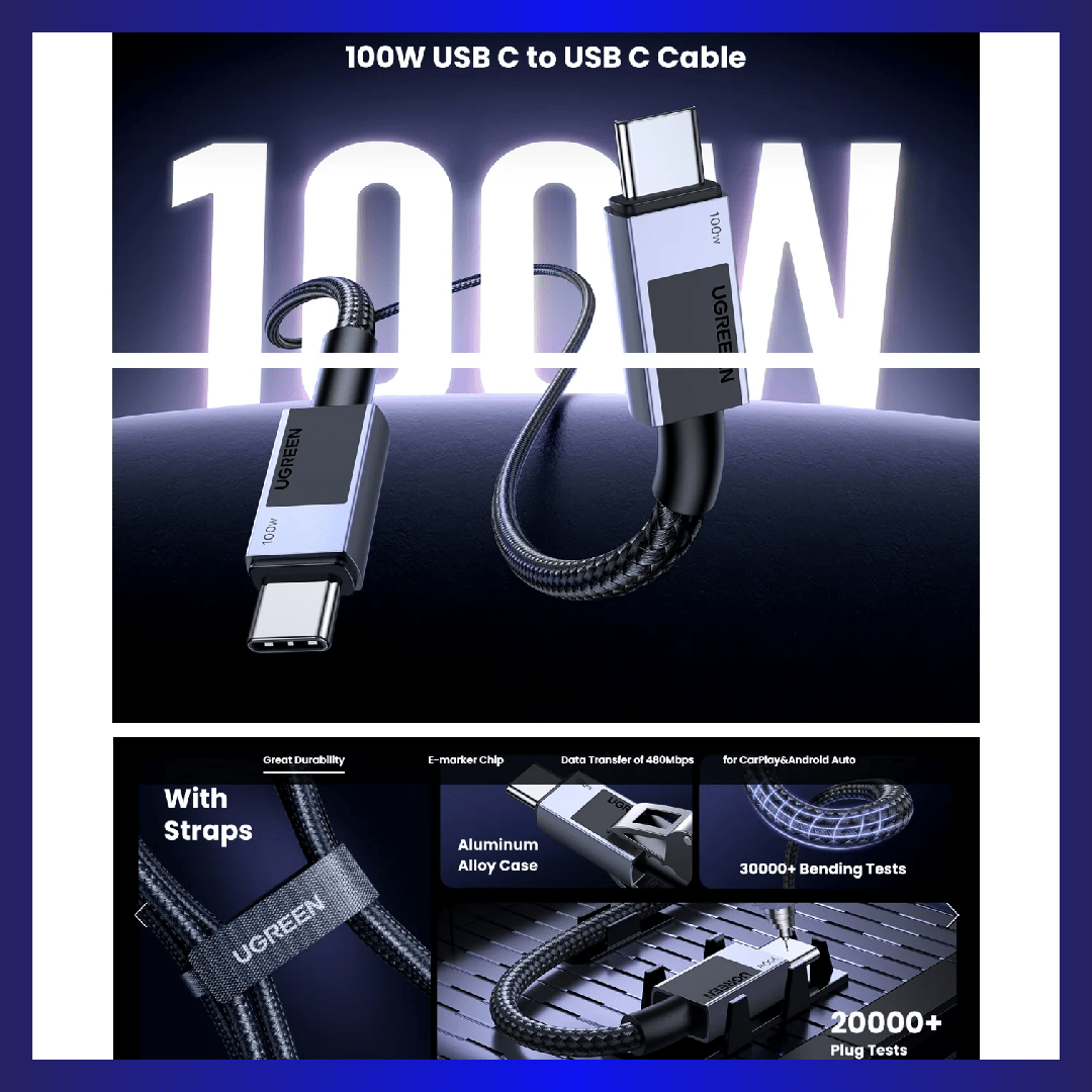 UGREEN 100W 0.5m USB-C to USB-C PD Fast Charging Cable (Space Gray) (35985) | GigaHertz