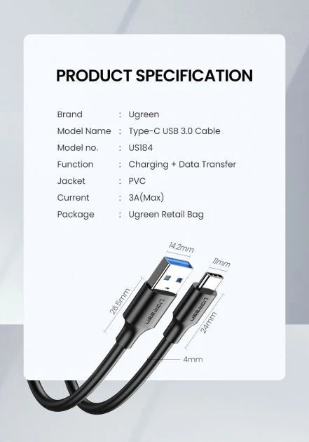 UGREEN USB-C Male To USB 3.0 3A 1.5m Data Cable (Black) (US184/20883) | GigaHertz