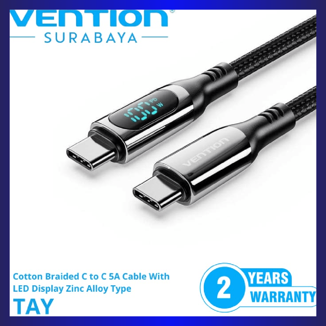 VENTION TAYBAV 100W 5A USB-C to USB-C Cable (1.2 Meter) Smart LED Power Display for iPhone 16/15 Series | GigaHertz