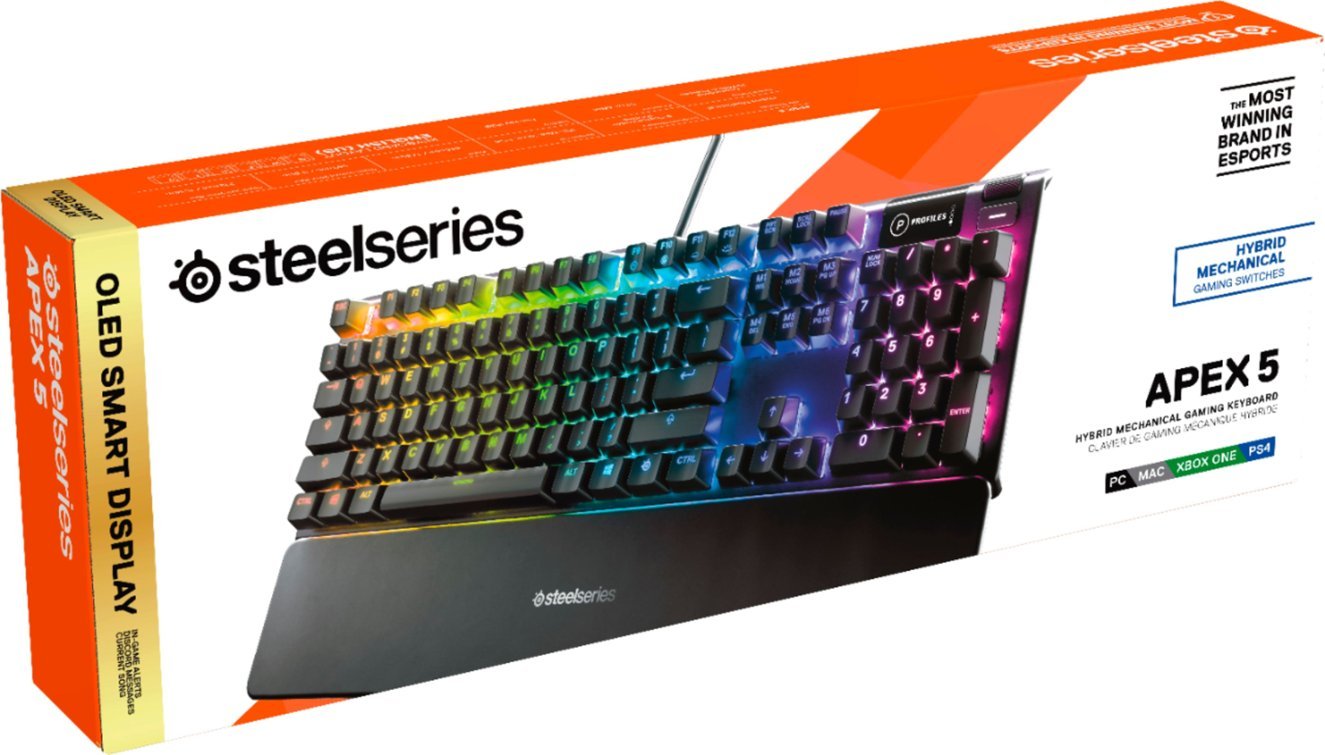 SteelSeries Apex 5 Full Size Wired Mechanical Hybrid Blue Tactile & Clicky Switch With RGB Backlighting Gaming Keyboard